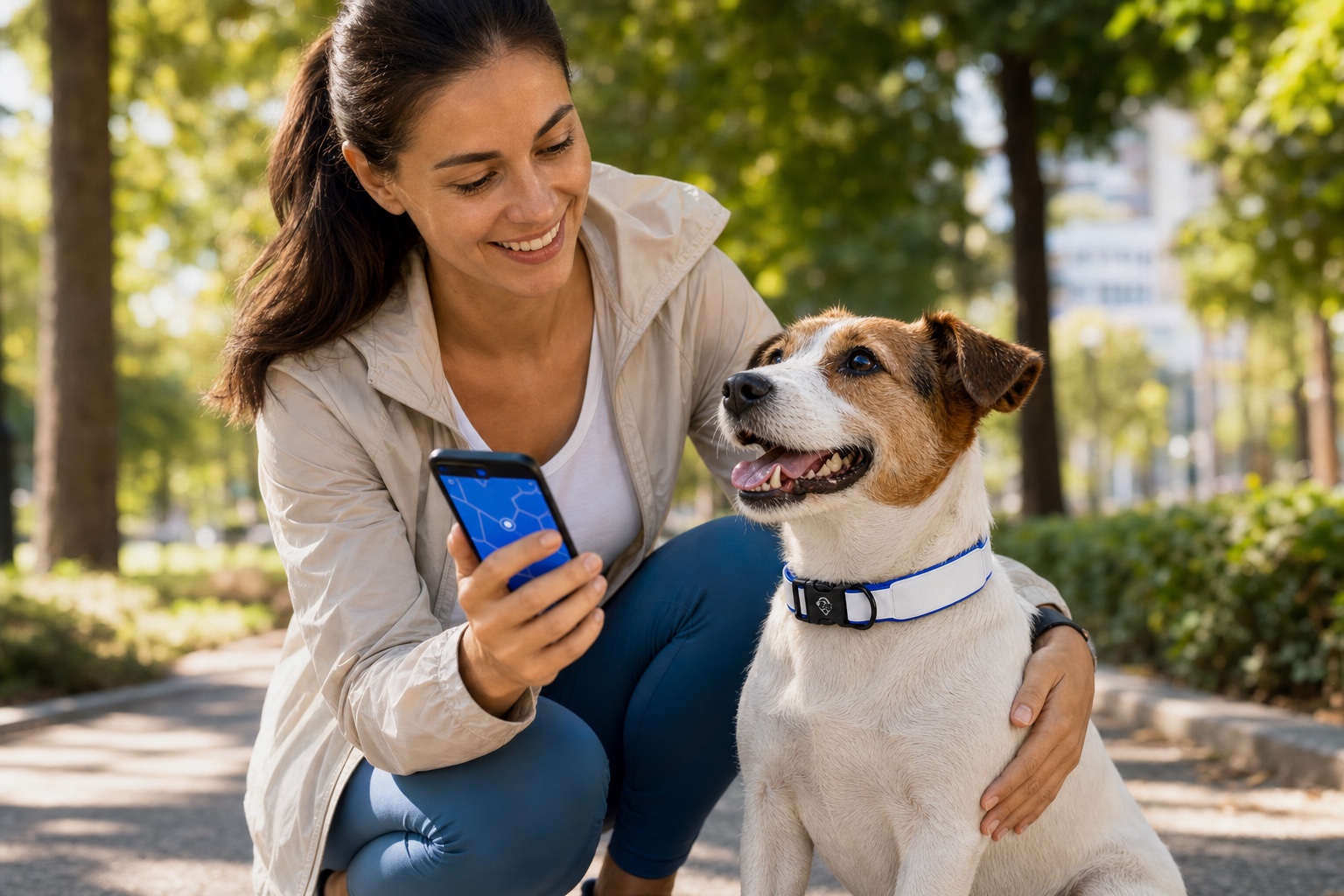 Tutora acompanhando seu cachorro com a coleira Apontou Pet